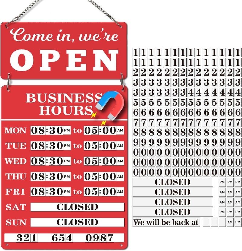 Magrooyar Magnetic Changeable Business Hours Sign with Double Sided Open Closed Signs, Metal Hours of Operation Signs, Store Hours Sign for Glass Door or Window（RED） - Image 1